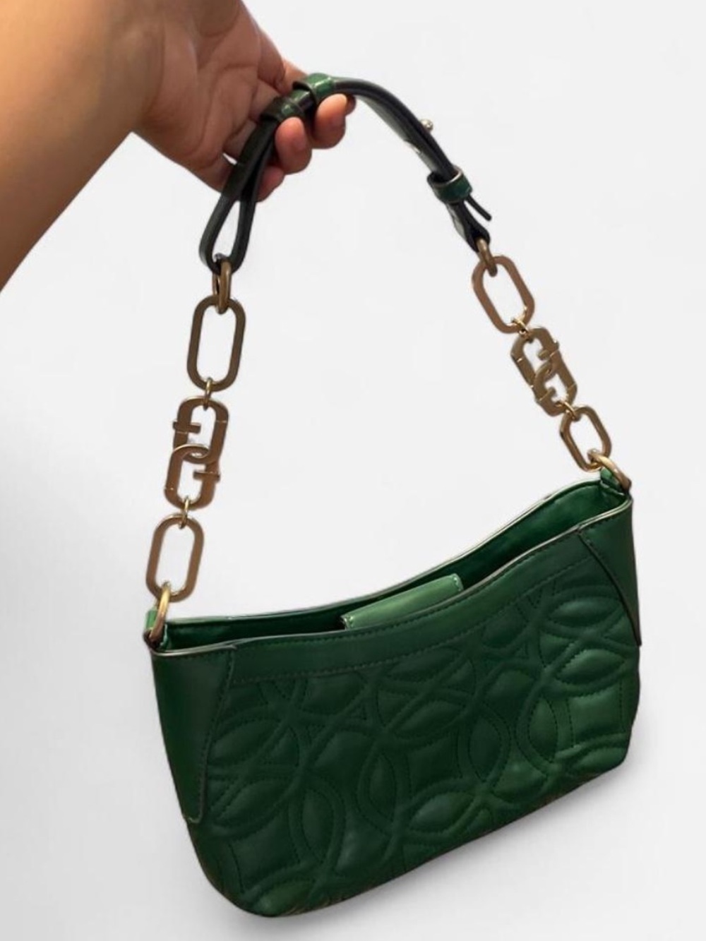 Emerald Quilted Shoulder Bag with Gold Chain-Link Strap